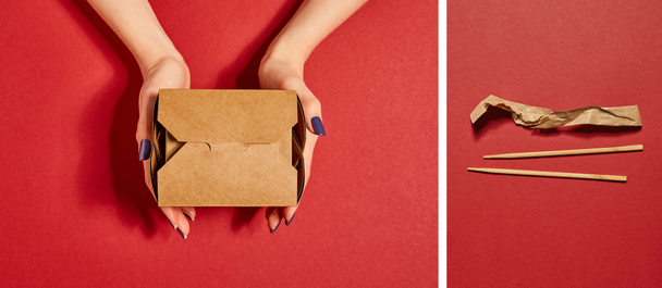 collage of woman holding carton box with chinese food and wooden chopsticks on red - Fotografie, Obrázek