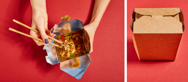collage of woman holding wooden chopsticks near tasty noodles and carton box on red  - Photo, Image