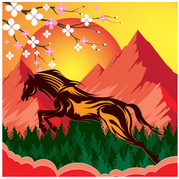 Εικονογράφηση διάνυσμα της λειτουργίας όμορφο άλογο στο φόντο της φύσης με λόφους. - Διάνυσμα, εικόνα