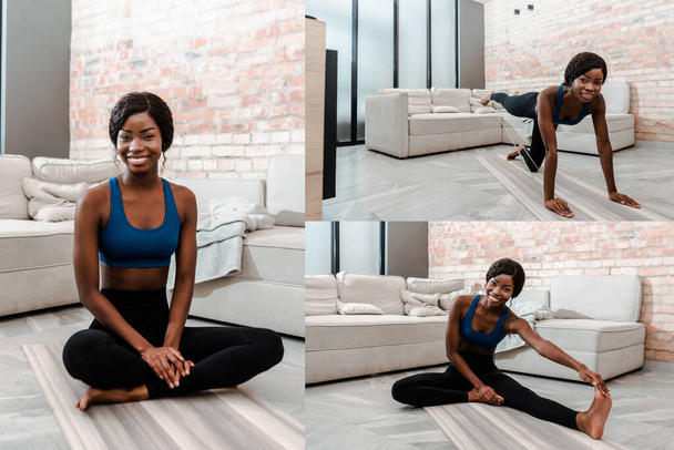 Collage de deportista afroamericana en pose de loto y a cuatro patas estirándose y sonriendo sobre esterilla de yoga en salón
 - Foto, imagen