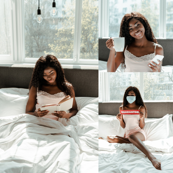 隔離されたレタリングでカードを示す医療用マスクのアフリカ系アメリカ人女性のコラージュ、スマートフォンでお茶のカップを保持し、寝室で本を読む - 写真・画像