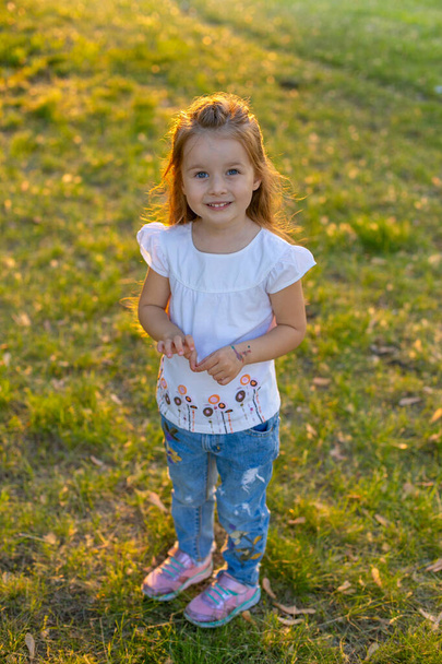 mignonne bébé fille de trois ans se tient dans le parc d'été au coucher du soleil et regarde la caméra
 - Photo, image