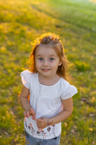 bonita niña de tres años de edad, de pie en el parque en la hierba y mirando a la cámara
 - Foto, imagen