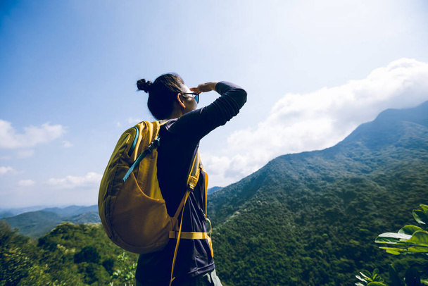 Successful hiker enjoy the view on mountain top - Valokuva, kuva