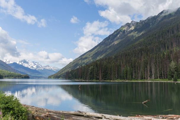 lago de aguas tranquilas que refleja árboles, montañas y cielo azul
 - Foto, Imagen