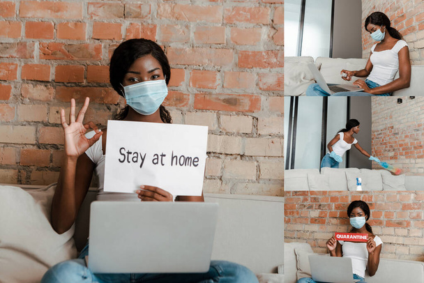 Collage di freelance afroamericani in maschera medica con computer portatile che mostra cartello e carta e donna che puliscono in soggiorno
 - Foto, immagini