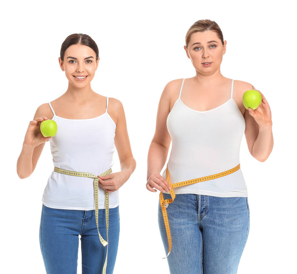 Overweight and slim women on white background. Weight loss concept - Фото, зображення