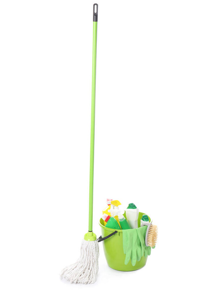 Floor mop with supplies on white background - Photo, Image