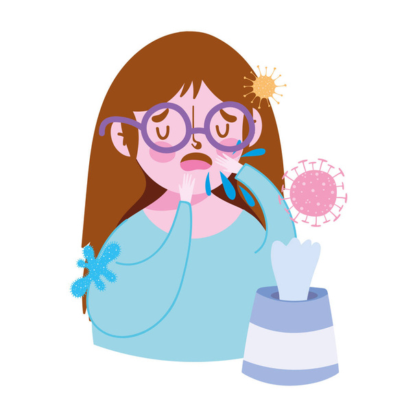 covid 19 koronavírus, lány köhögés papírzsebkendővel, légzőszervi betegség - Vektor, kép