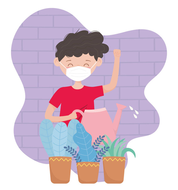 stay at home, boy with medical mask and watering can plants - Vector, Image