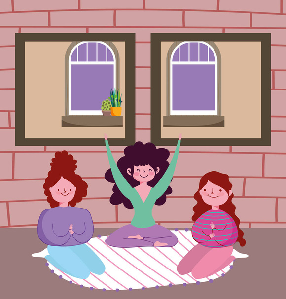 chicas de grupo practicando yoga en la habitación, estancia en cuarentena en casa
 - Vector, Imagen