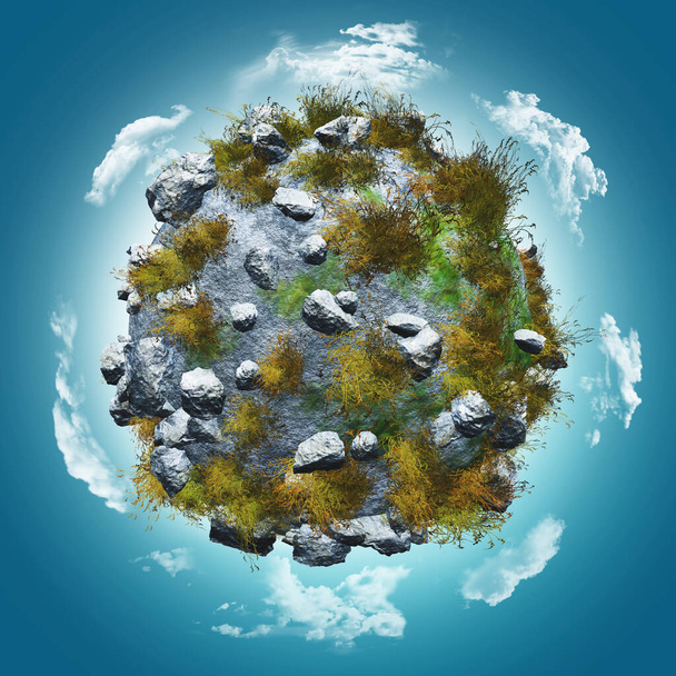 3D vykreslení glóbu s kameny a trávou na modré obloze s mraky - Fotografie, Obrázek