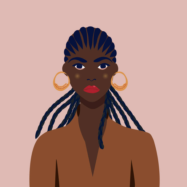 Πορτρέτο μιας όμορφης Αφρικάνας με σκουλαρίκι. Γυναικείο πορτρέτο. Έννοια μαύρης ομορφιάς. - Διάνυσμα, εικόνα