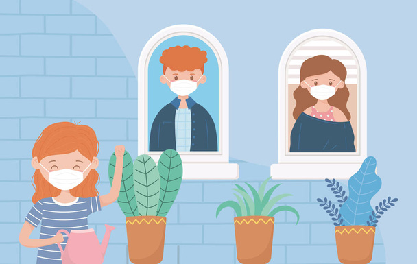 залишатися вдома, жінка з маскою і рослинами, люди дивляться на вікно
 - Вектор, зображення
