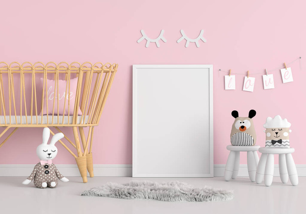Blank photo frame for mockup on floor in child room, 3D rendering - Photo, Image