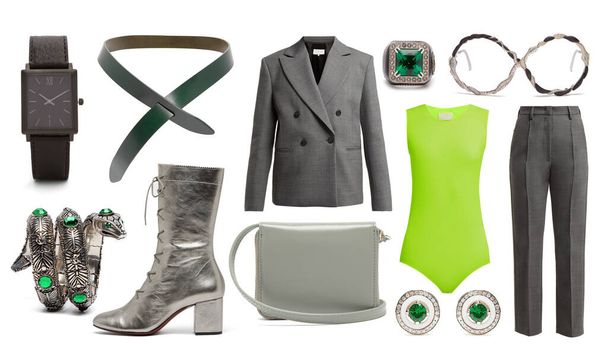 Stilvolle Kleidung. Collage modischer Damenbekleidung, Accessoires, Schuhe und Taschen auf weißem Hintergrund. - Foto, Bild