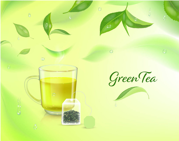 Векторный высокий детальный фон с зелеными чайными листьями в движении. Размытые листья чая и реалистичная прозрачная чашка с пакетиком чая. Реалистичный концептуальный баннер для рекламы, упаковки или чая
. - Вектор,изображение
