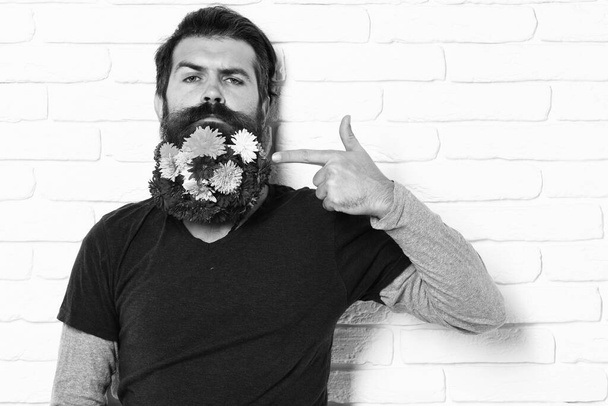 hipster with flowers in beard on white brick wall background - Valokuva, kuva