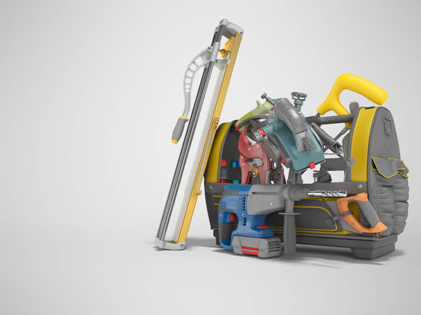 3D renderöinti oranssi avoin laukku työkaluja sisätilojen rakennustyöt harmaalla pohjalla varjolla
 - Valokuva, kuva