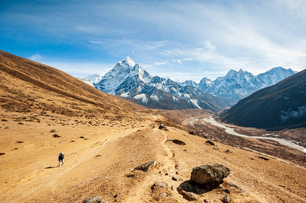 Mujer joven trekking en el valle del río Dukh Koshi que conduce al campamento base del Everest con el pico Ama Dablam. Trekking en Nepal Himalaya. EBC (Everest base camp trek) sendero parte superior de Lukla a EBC de Everest trek. Nepal
. - Foto, imagen