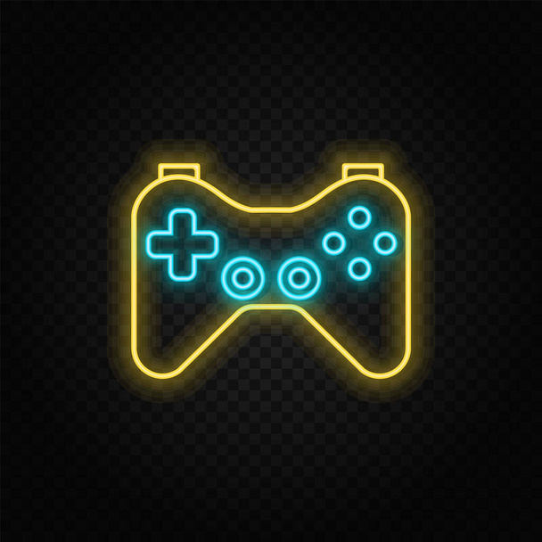 Joystick, herní ovladač, herní neonová ikona. Modrá a žlutá ikona neonového vektoru. Průhledné pozadí vektoru - Vektor, obrázek