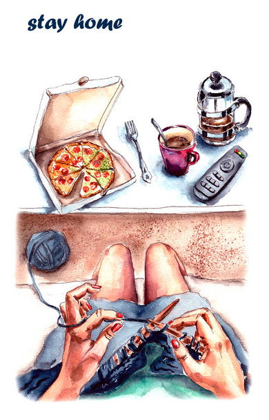 illustration - food delivery, pizza, eating at home - Photo, Image