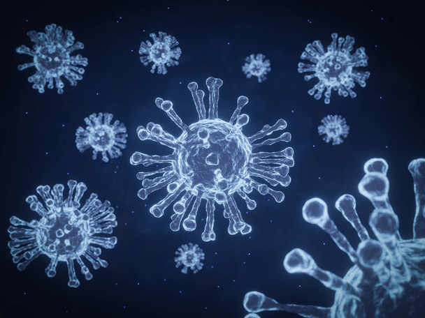3D Coronavirus 2019-nCoV und Virus Hintergrund mit Krankheitszellen und roten Blutkörperchen. - Foto, Bild