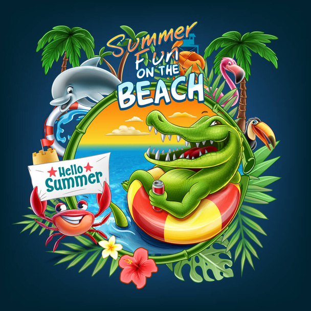 Funny summer poster with cute characters on the beach - Vector, imagen