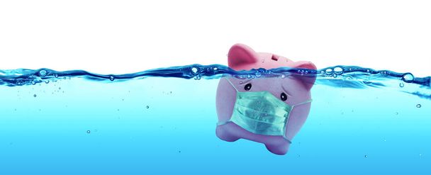 Банк свиньи с защитной маской для лица, утонувшей в концепции подводной защиты и сбережений, подверженных риску
 - Фото, изображение