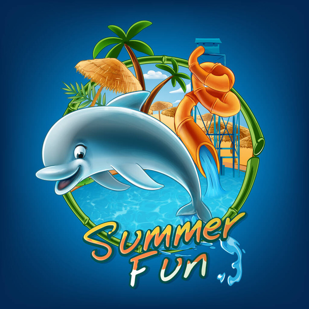 Summer doplhin with aquapark on background - Vektor, obrázek