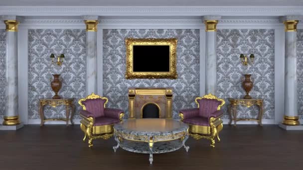 Maak schilderijen in een gouden kader met een transparant doek in een klassiek interieur met een open haard. 3d renderen - Video