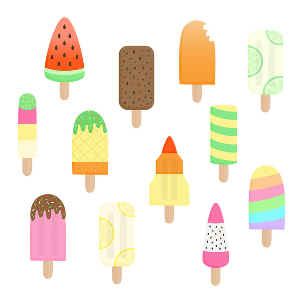 Cute popsicle vector illustration set. Hand drawn ice lolly summer collection. Different flavors of ice creams. Isolated. - Vettoriali, immagini