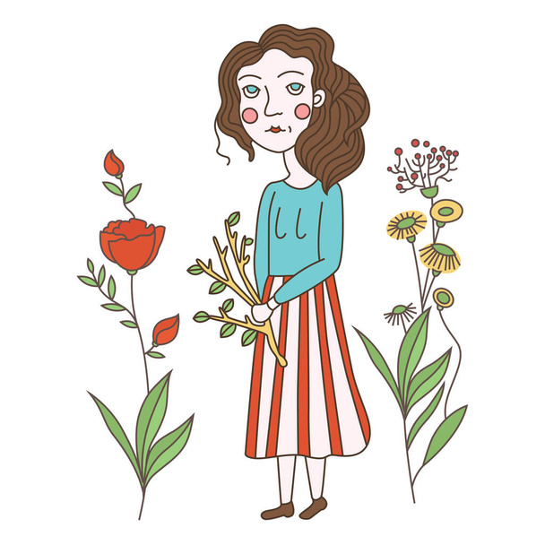 Color illustration of girl in flowers - Vektör, Görsel