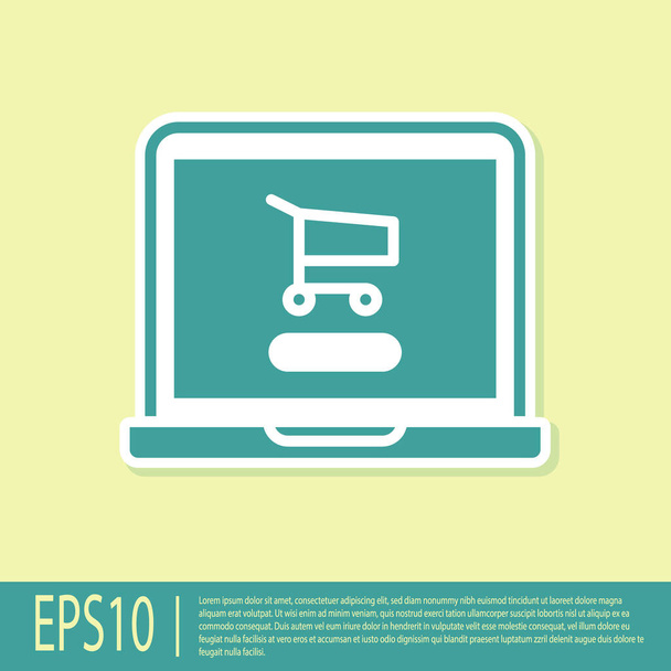 Green Shopping cart en pantalla icono portátil aislado sobre fondo amarillo. Concepto e-commerce, e-business, marketing online. Ilustración vectorial
 - Vector, imagen