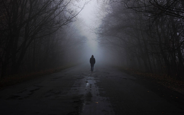 霧の中の森。男は霧の中を歩いている。魔法のような雰囲気の暗い霧の森 - 写真・画像