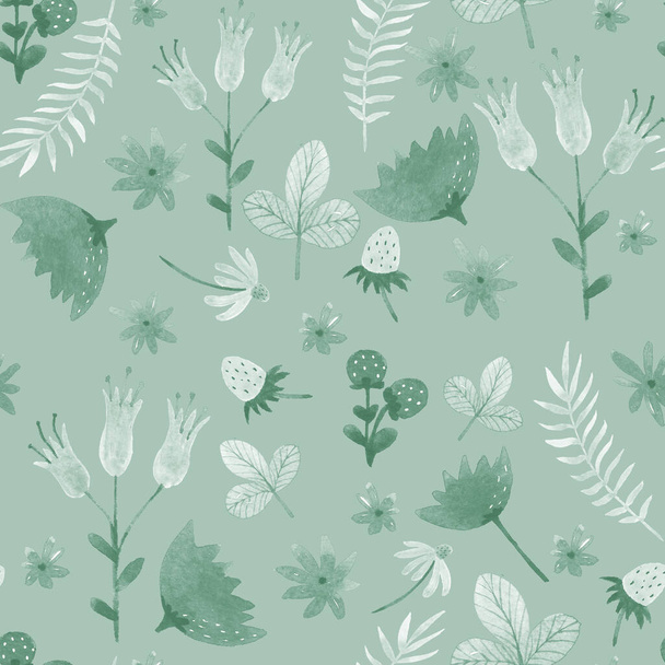 Акварельный монохромный зеленый цветочный бесшовный узор с цветами и листьями - Фото, изображение