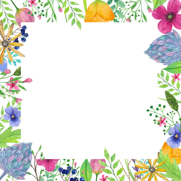 Rahmen mit Frühlingsblumen und Blättern, Ostereier auf weißem Hintergrund - Foto, Bild