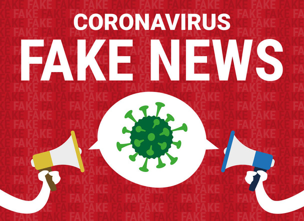 Ilustración vectorial de una pancarta con dos megáfonos difundiendo noticias falsas sobre el coronavirus covid-19
 - Vector, imagen