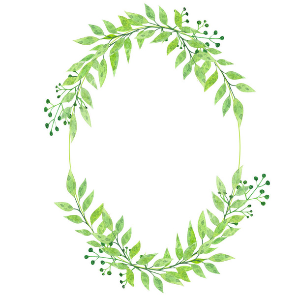 Watercolor oval frame of green leaves on a white background - Photo, image