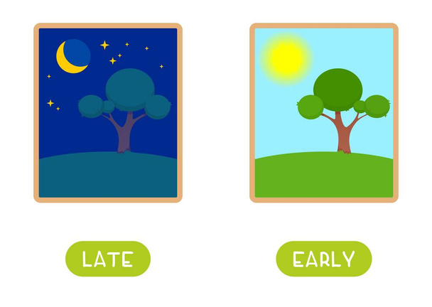 Late and early antonyms word card flat vector template. Flashcard for english language learning. Opposites concept. Night and morning nature landscape cartoon illustration with typography - Vector, Image
