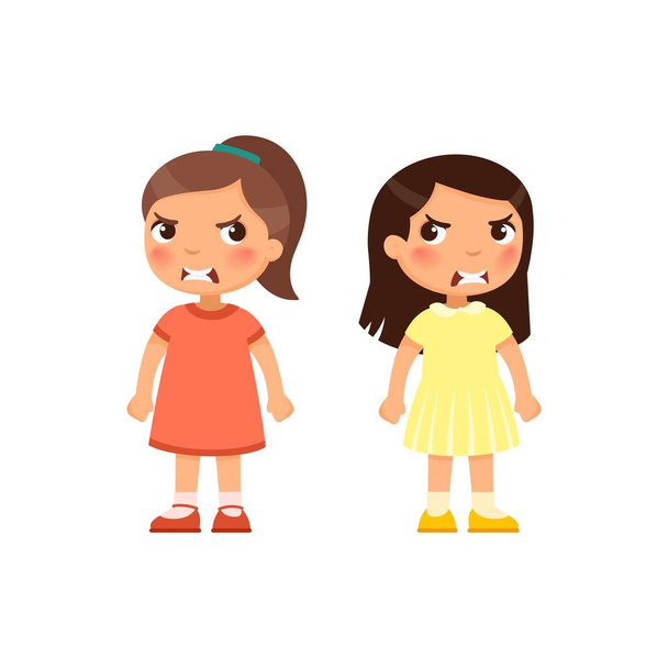 Angry little girls flat vector illustration. Furious children quarrel, aggressive kids arguing cartoon characters. Kids with mad face expression isolated on white background - Vector, Image