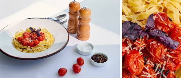 collage van heerlijke pasta met tomaten geserveerd met bestek, zout en peper molens op witte tafel in zonlicht - Foto, afbeelding