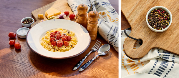 collage of delicious pasta with tomatoes served on wooden table with cutlery, napkin, seasoning and ingredients in sunlight near black pepper on board - Photo, Image