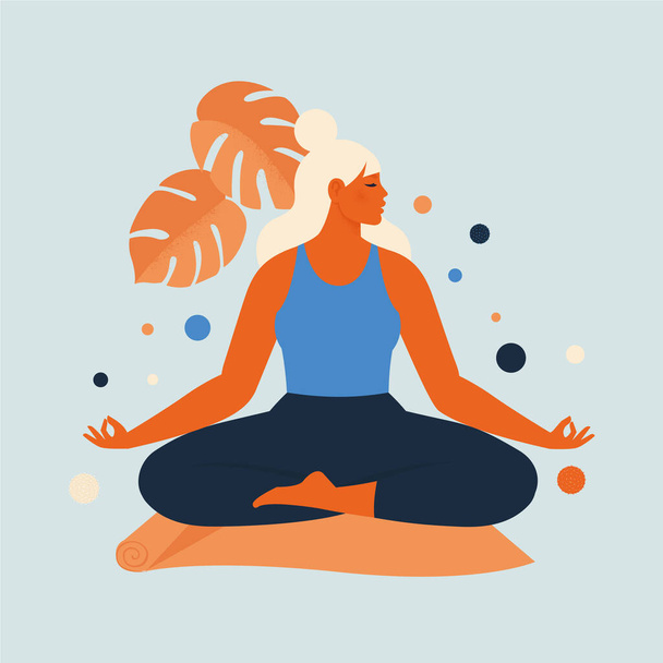 Woman meditating in nature and leaves. Concept illustration for yoga, meditation, relax, recreation, healthy lifestyle. Vector illustration in flat cartoon style - Vector, imagen