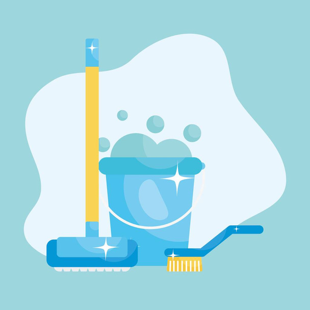 seau avec de l'eau savonneuse et brosse de nettoyage et balai sur fond bleu, design coloré
 - Vecteur, image