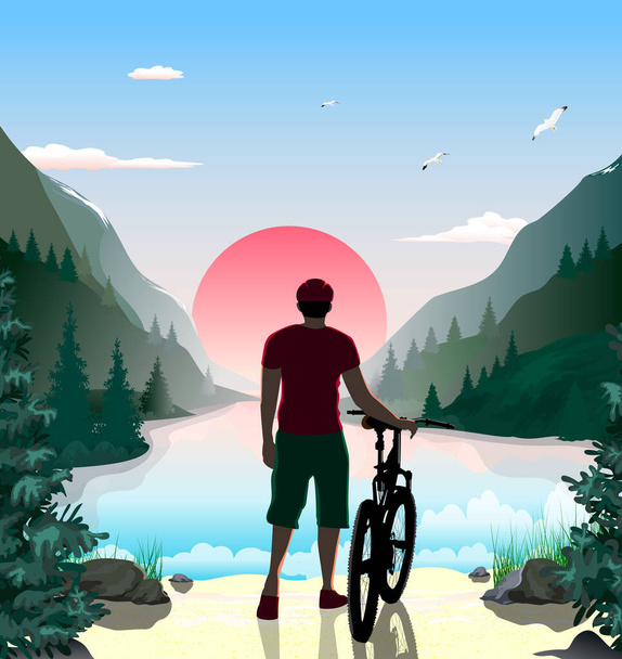 Ο άνθρωπος με το ποδήλατο. Ορεινό τοπίο. Η λίμνη στα βουνά. Δάσος. Ηλιόλουστη αυγή. Ο ουρανός με τα σύννεφα. Αμμώδης παραλία με πέτρες και γρασίδι. - Διάνυσμα, εικόνα