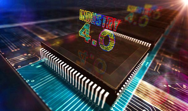 インダストリー4.0 、技術革新と現代のデジタル技術。未来的な概念CPUの生産ライン抽象3Dレンダリングイラスト.レーザー燃焼シンボルを持つプロセッサ工場. - 写真・画像