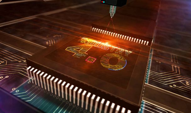 インダストリー4.0 、技術革新と現代のデジタル技術。未来的な概念CPUの生産ライン抽象3Dレンダリングイラスト.レーザー燃焼シンボルを持つプロセッサ工場. - 写真・画像