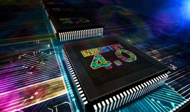 Industry 4.0, innovation and modern digital technology. Futuristic concept CPU production line abstract 3d rendering illustration. Processor factory with laser burning symbols. - Photo, Image