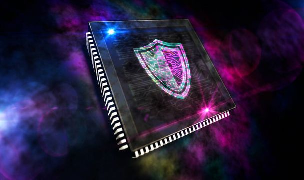 Cyber security. Digital shield, firewall and computer protection technology. Futuristic concept CPU production line abstract 3d rendering illustration. Processor factory with laser burning symbols. - Photo, Image